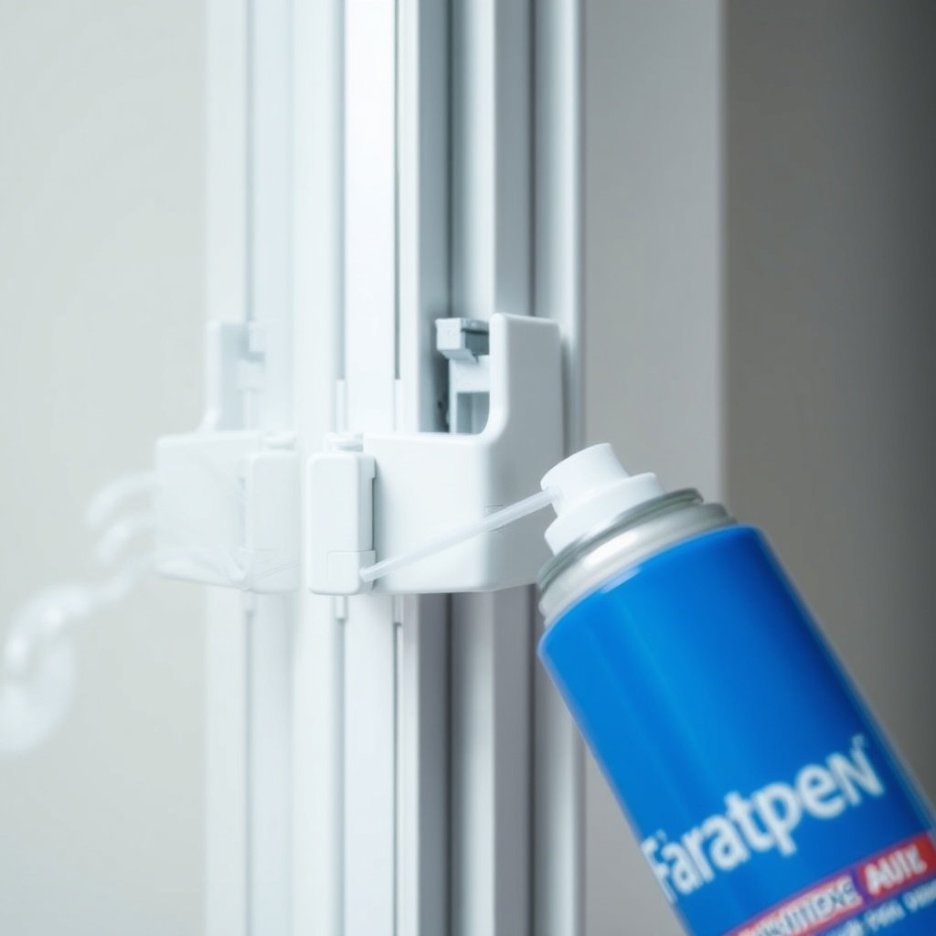clear photorealistic photo of a close-up of a Fıratpen F-One window hinge being lubricated