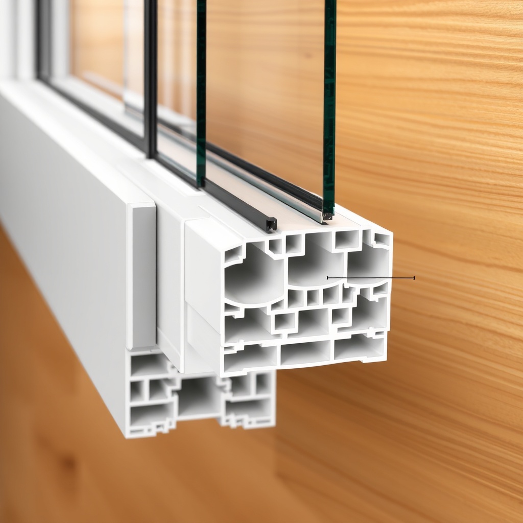 A realistic close-up photo of Fıratpen F-One PVC window profile cross-section