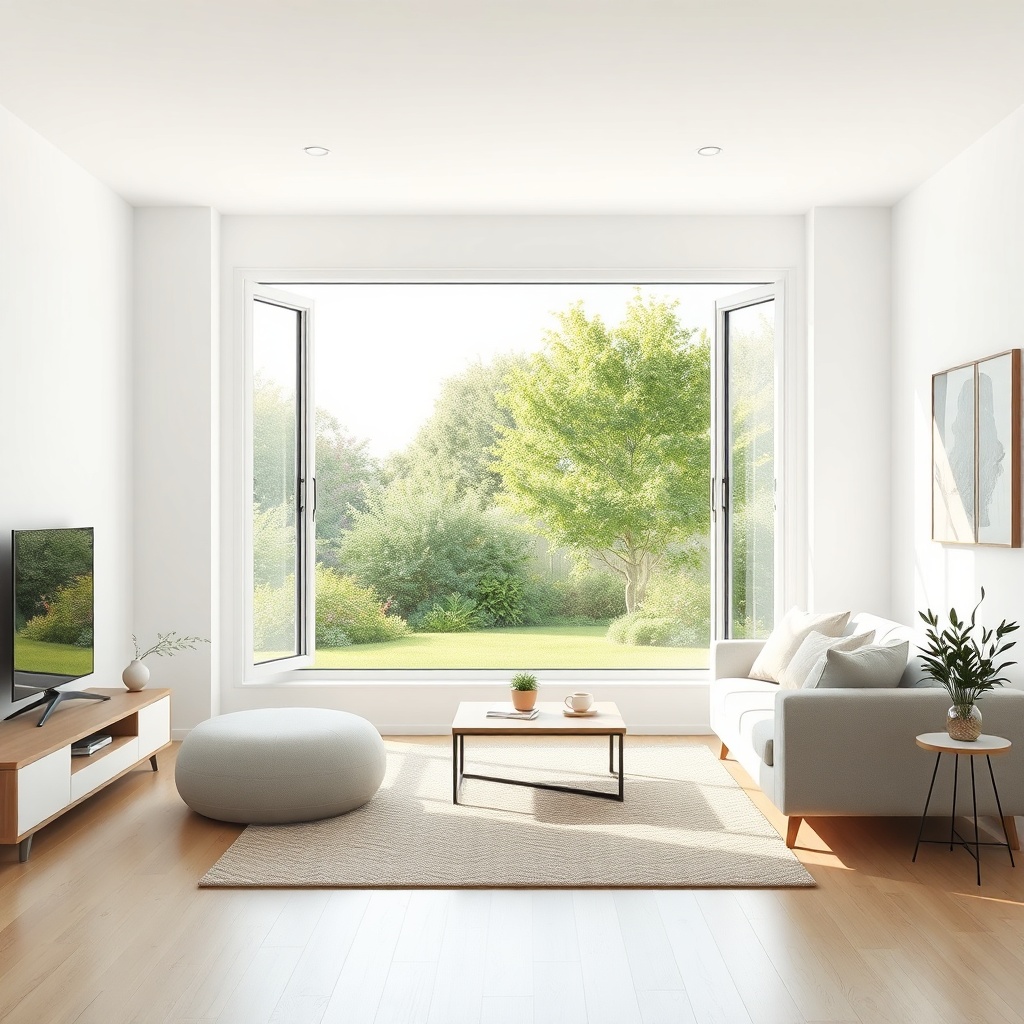 A photorealistic illustration of a modern living room with a large Fıratpen F-One window o