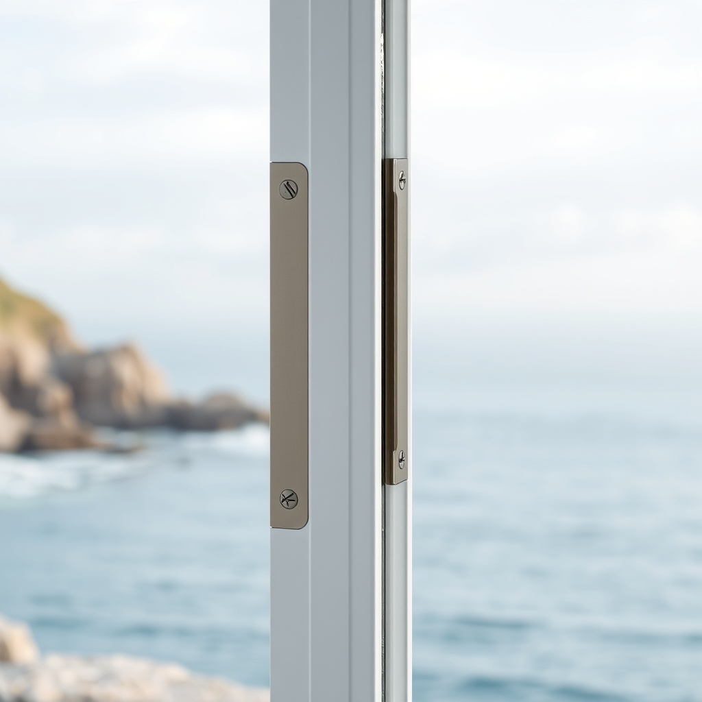 <A photorealistic photo showing a Fıratpen F-One PVC door in a coastal setting