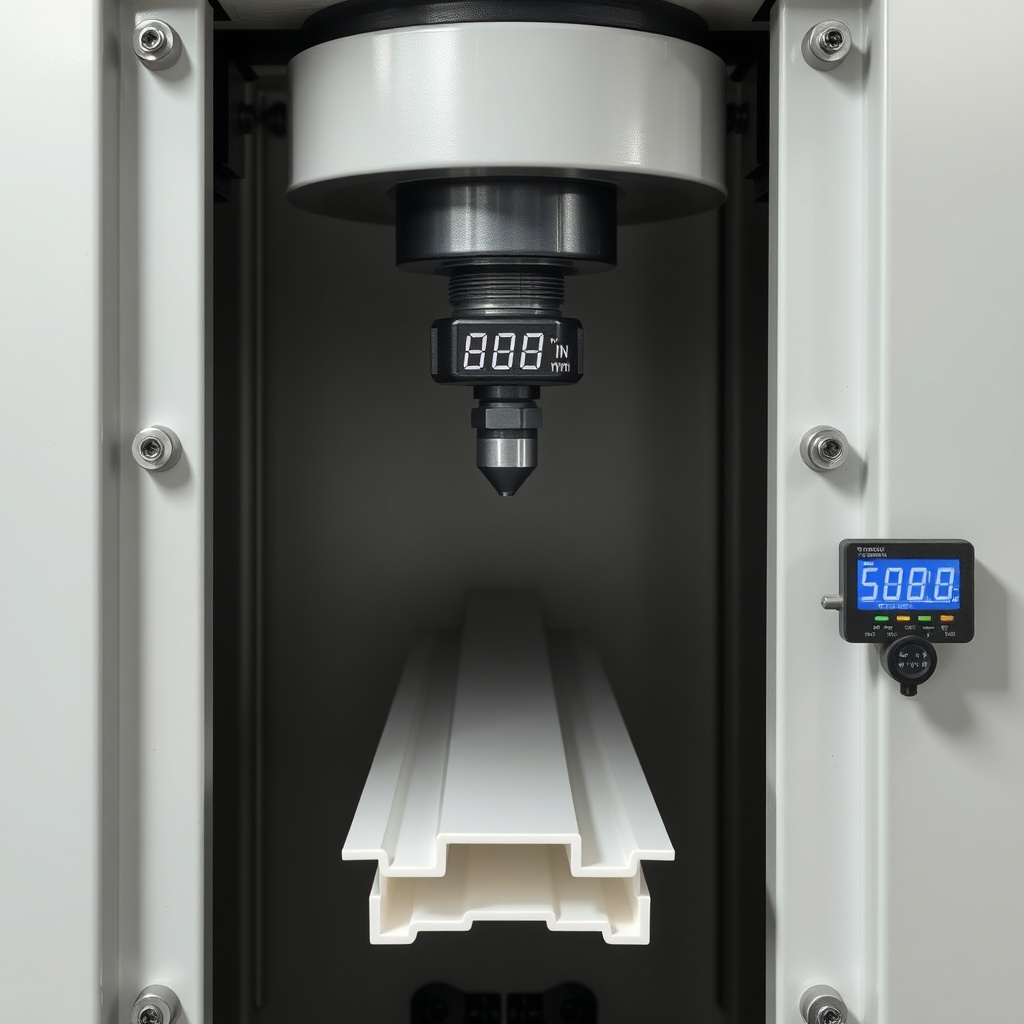 <clean photorealistic photo of a PVC profile being tested under a large mechanical press