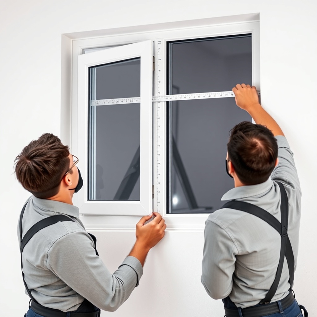 <Photorealistic photo of a Fıratpen F-One PVC window being installed by two technicians