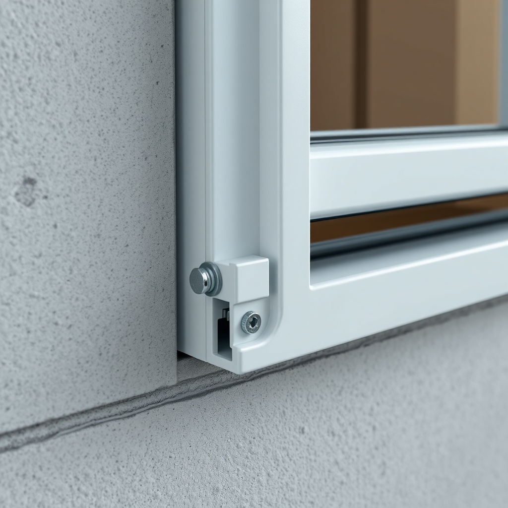 <Photorealistic close-up view of a Fıratpen F-One PVC window frame being anchored to a con