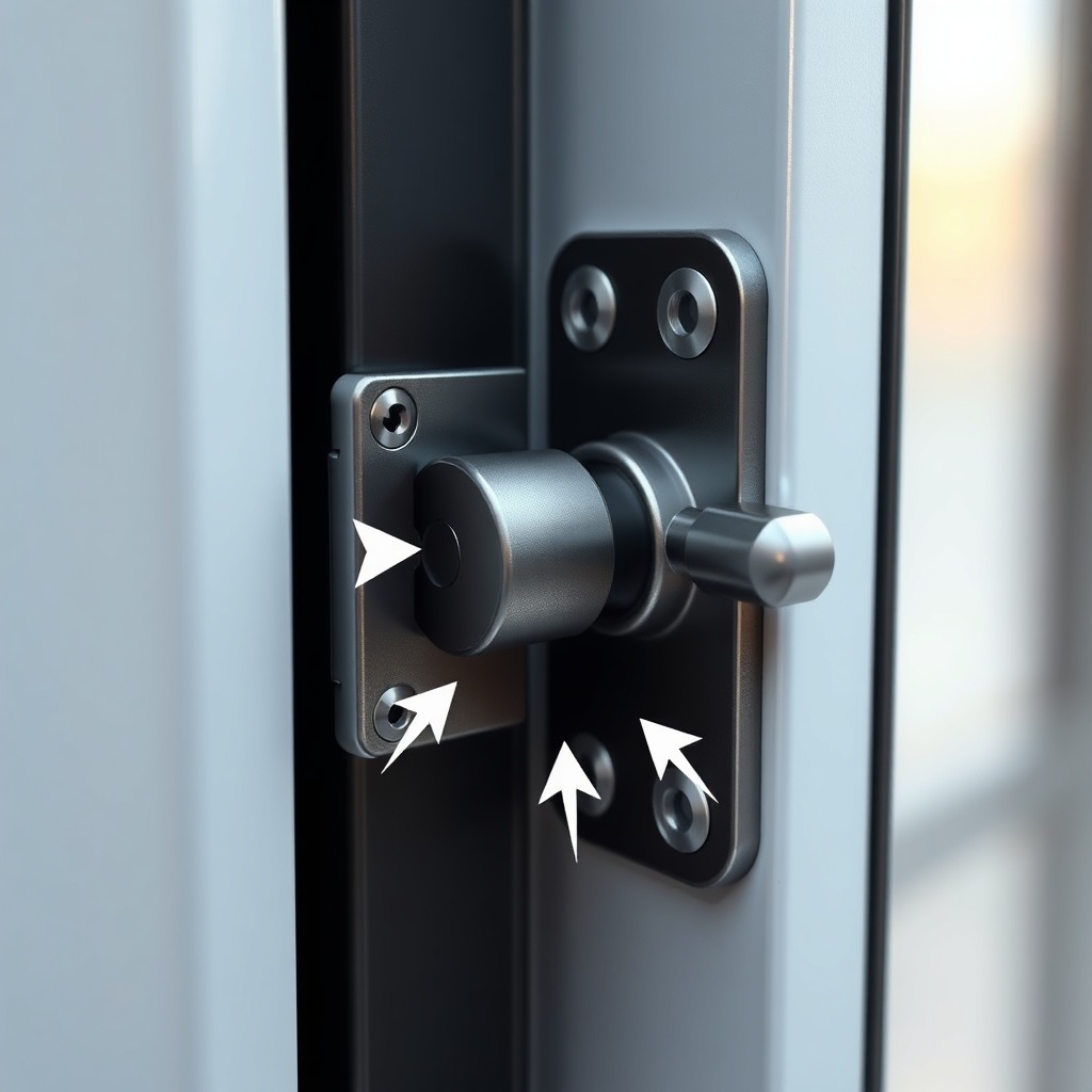 <A photorealistic close-up of a Fıratpen F-One window lock mechanism and striker plate