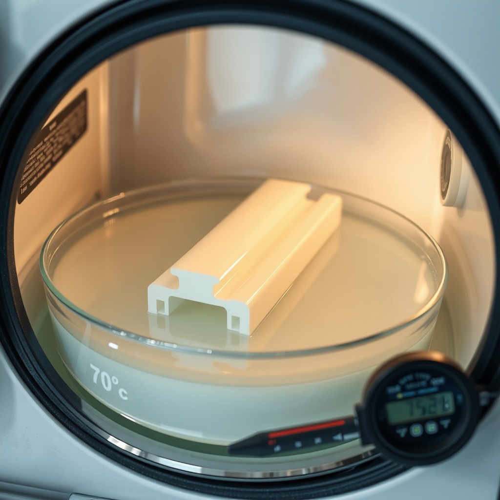 Clean photorealistic photo showing a PVC profile sample submerged in a water bath inside a
