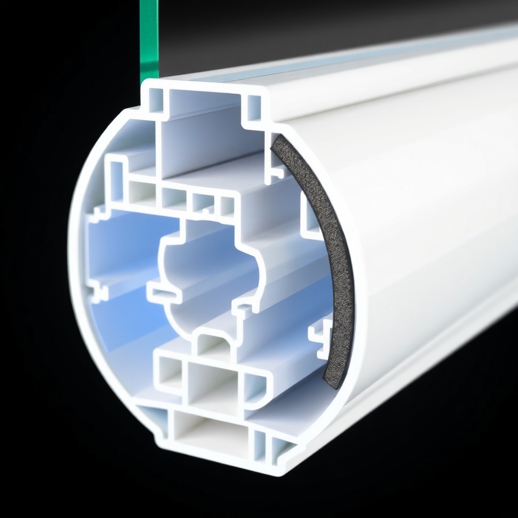 A close-up photorealistic photo of a Pimapen B-35 PVC door profile cross-section
