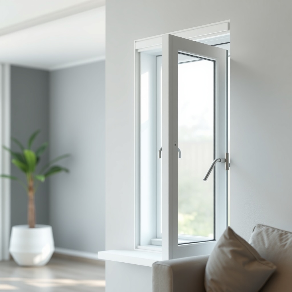 <clean photorealistic photo of a Pimapen B-35 window in a modern living room setting