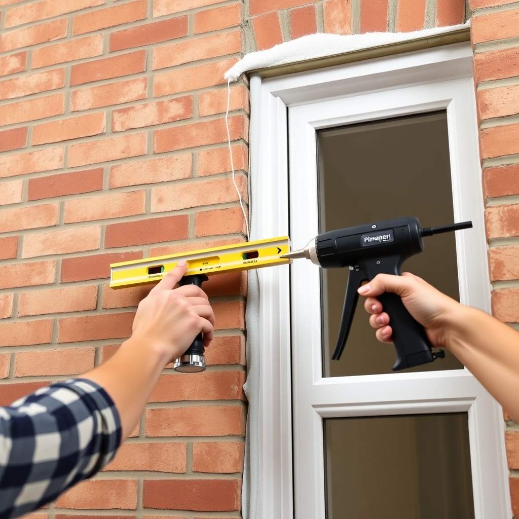 professional installer using a spirit level and sealant gun to apply polyurethane foam aro