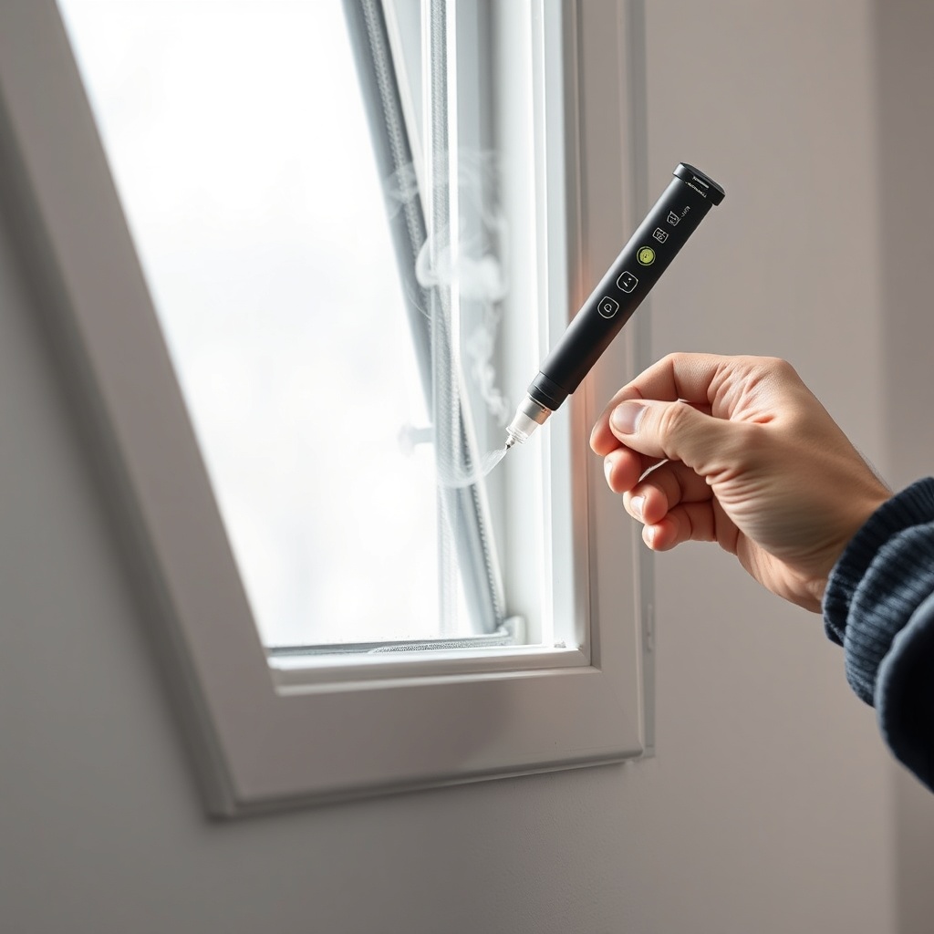 A photorealistic photo of a Pimapen B-35 window profile with a technician holding a smoke
