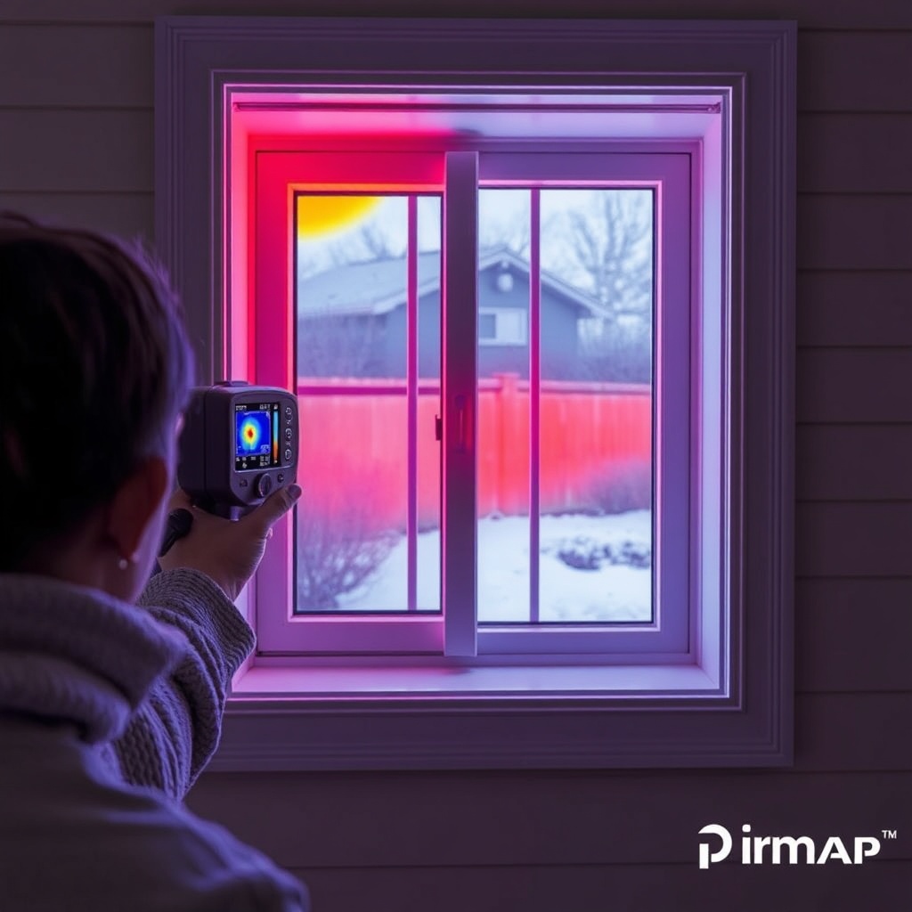 A photorealistic photo of a Pimapen B-35 window with a person using a thermal camera to de