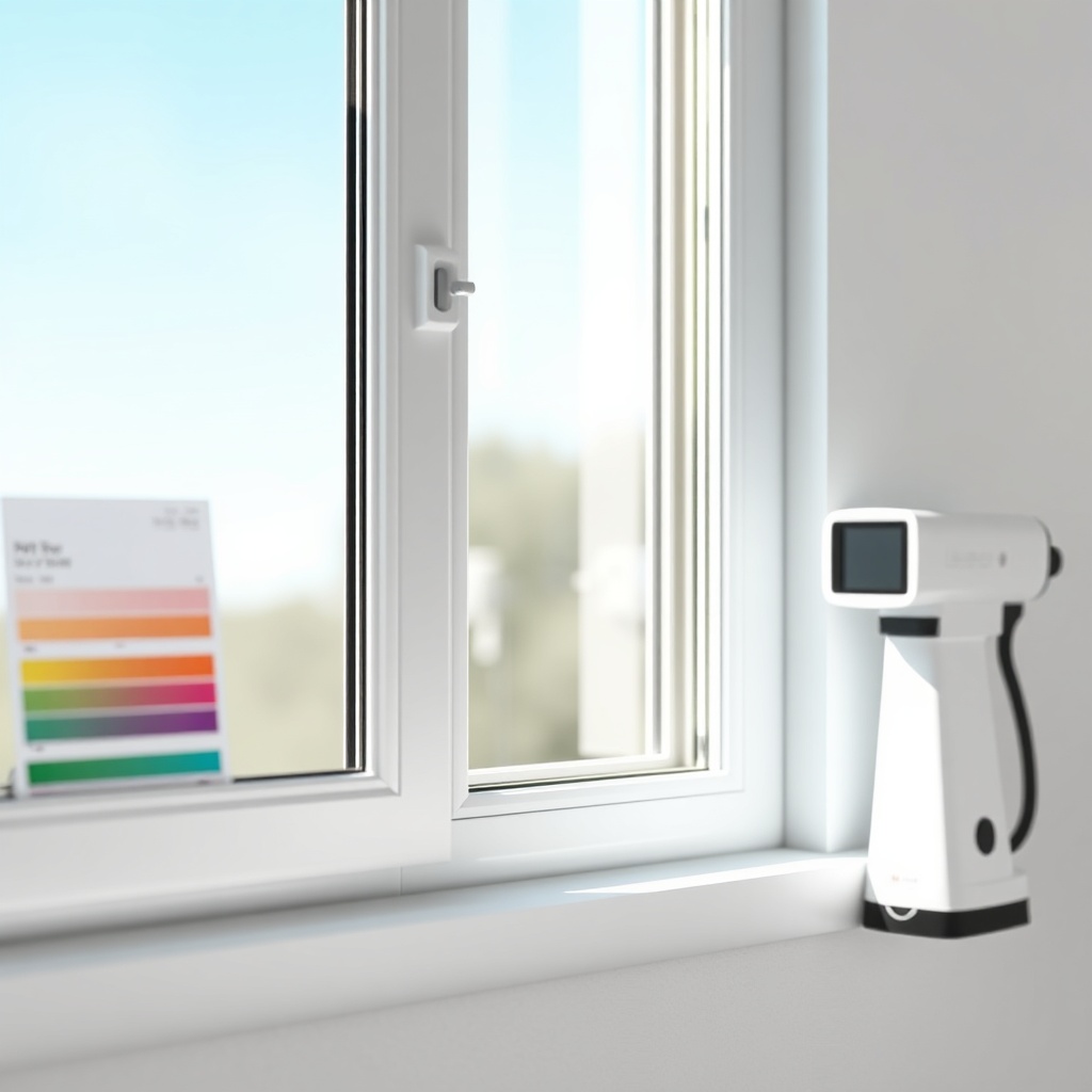 <clean photorealistic photo of a white PVC window profile under bright sunlight