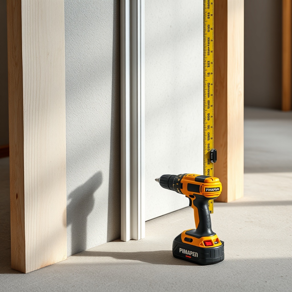 <clean photorealistic photo of a Pimapen B-35 PVC door profile being measured on a constru