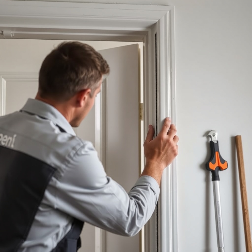A photorealistic view of a professional installer fitting a Pimapen B-35 door frame